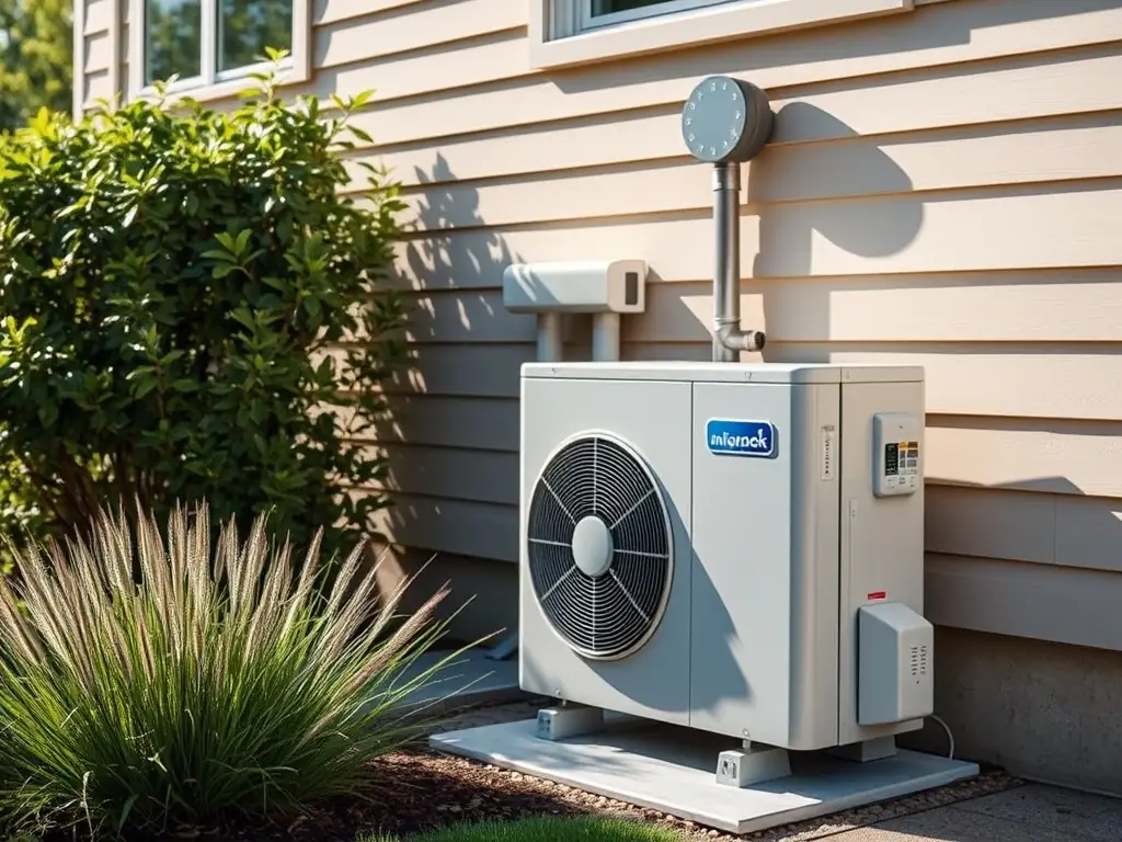 A modern heat pump unit installed outside a residential building, showcasing its sleek design and energy-efficient technology.