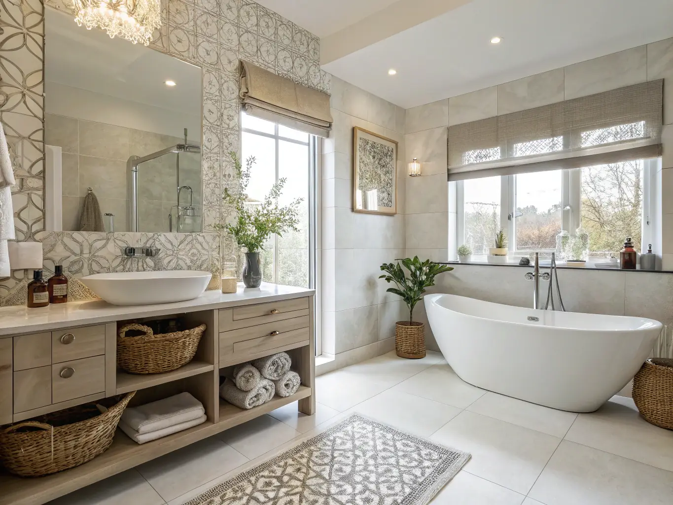 A beautifully renovated bathroom with modern fixtures, stylish tiles, and a clean, functional layout.