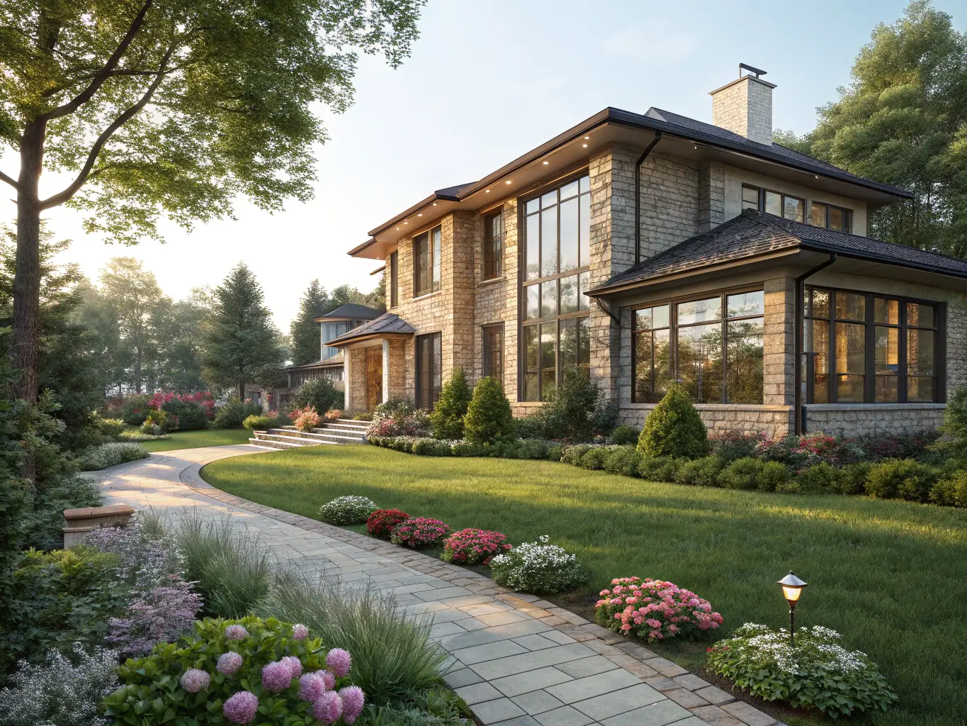 Luft-vattenvärmepump installerad vid modern villa i sommarmiljö