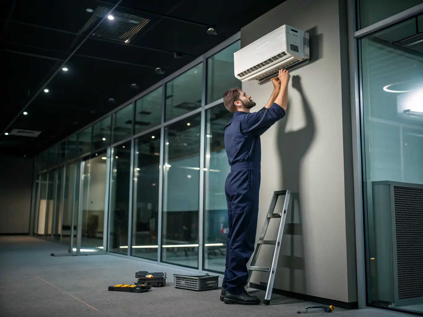 Montör som installerar en luft-vattenvärmepump på utsidan av en husfasad