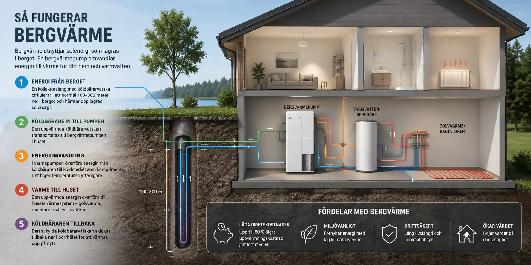 Illustration av hur bergvärme fungerar, från borrhålet i berget till värmepumpen och husets vattenburna värmesystem.