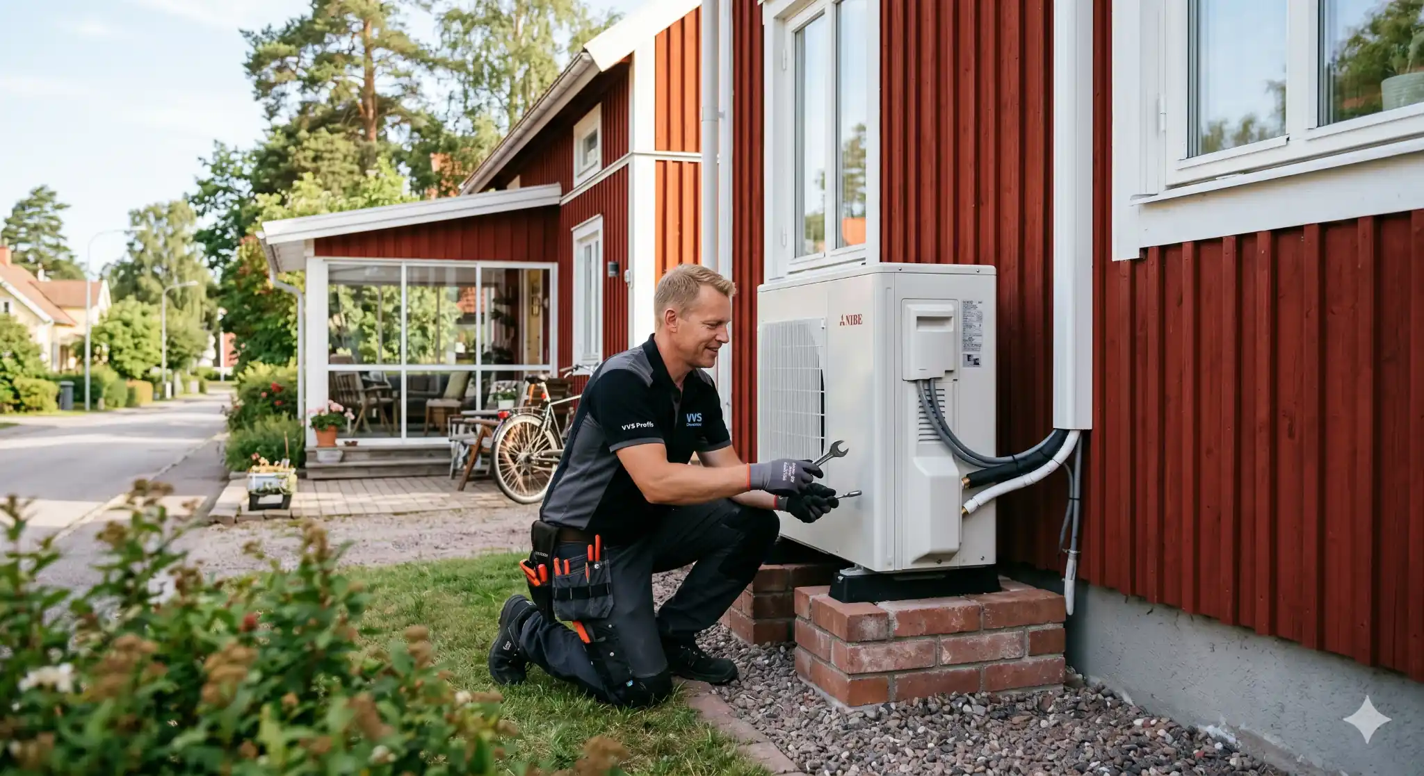 Luft‑vattenvärmepump installeras vid villa i Karlstad med typisk svensk trädgårdsmiljö