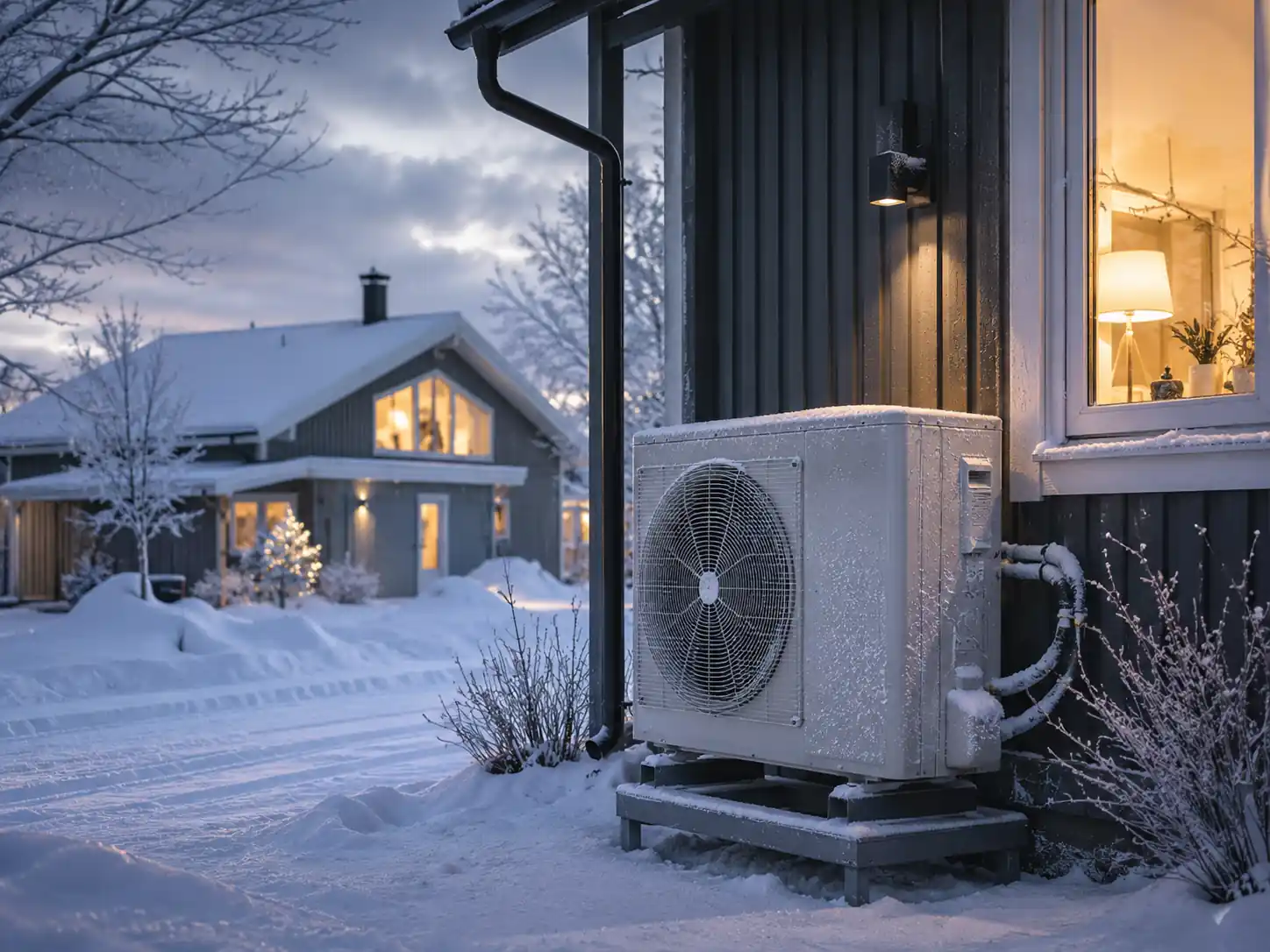 Luft-vattenvärmepump installerad vid hus i kallt vinterlandskap med snö och frost