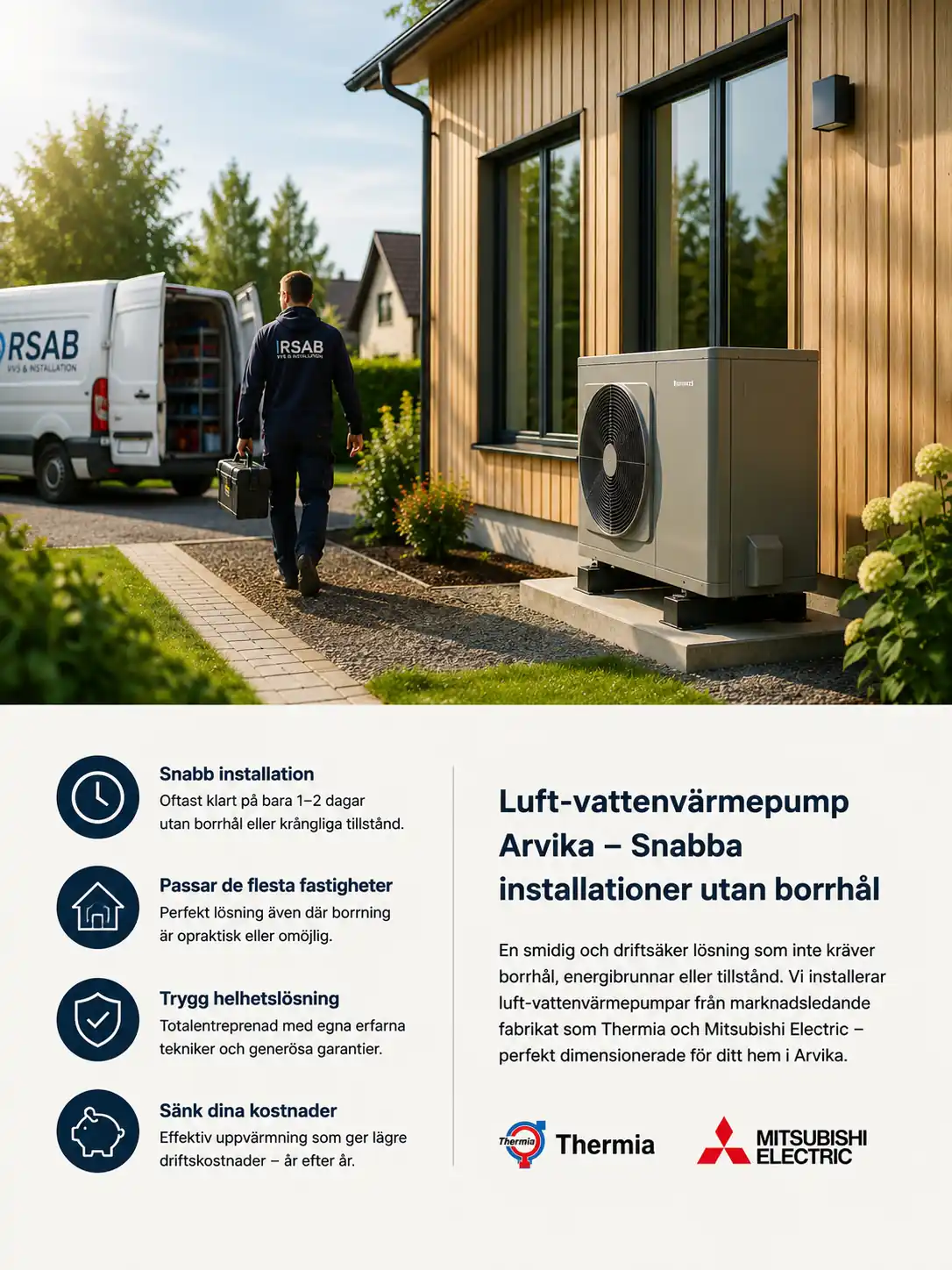 Illustration som visar varför installations tiden för en luft-vattenvärmepump är kort