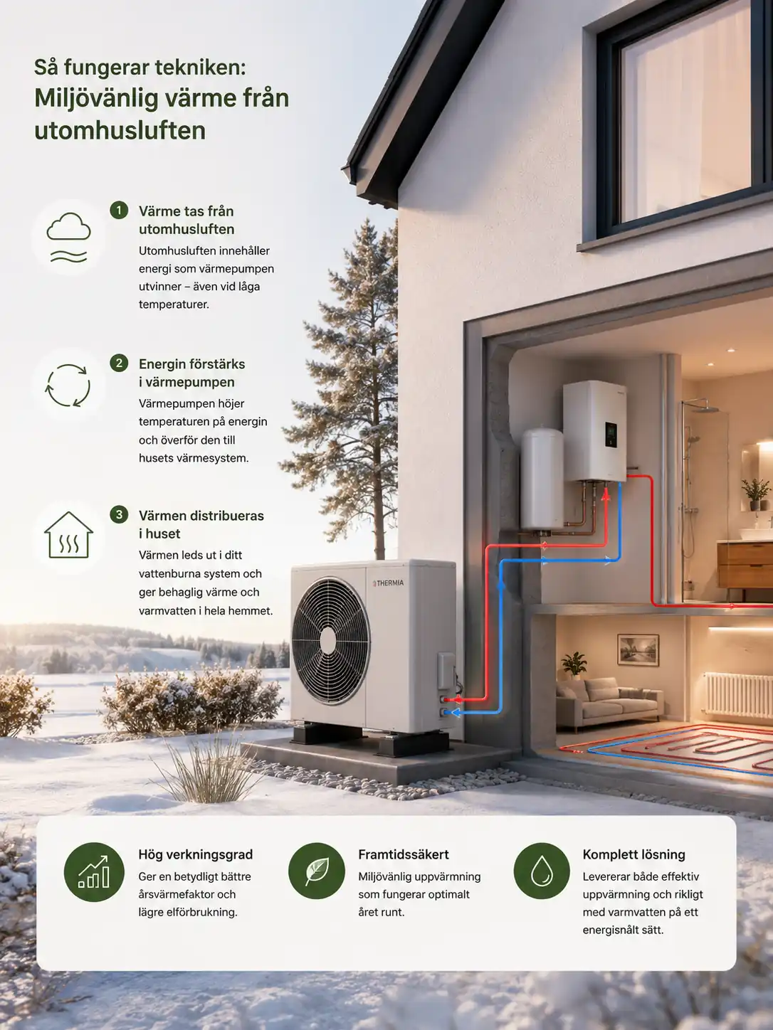 Illustration av hur en luft/vatten‑värmepump fungerar med utedel, köldmedium och vattenburet värmesystem