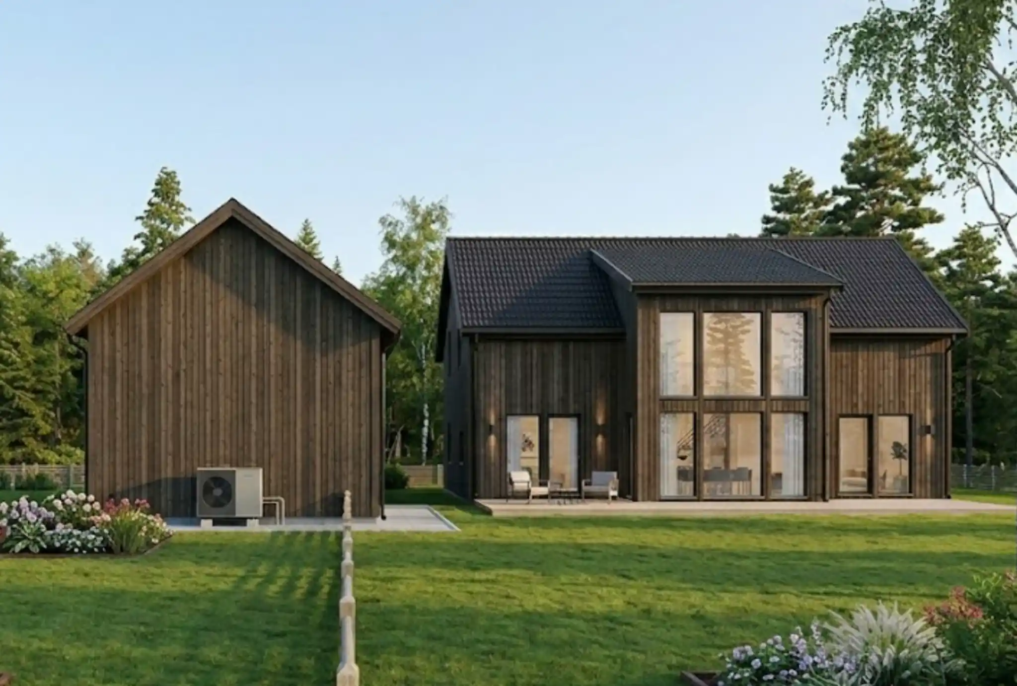 Bild på luft-vattenvärmepump som är installerad i garage byggnad