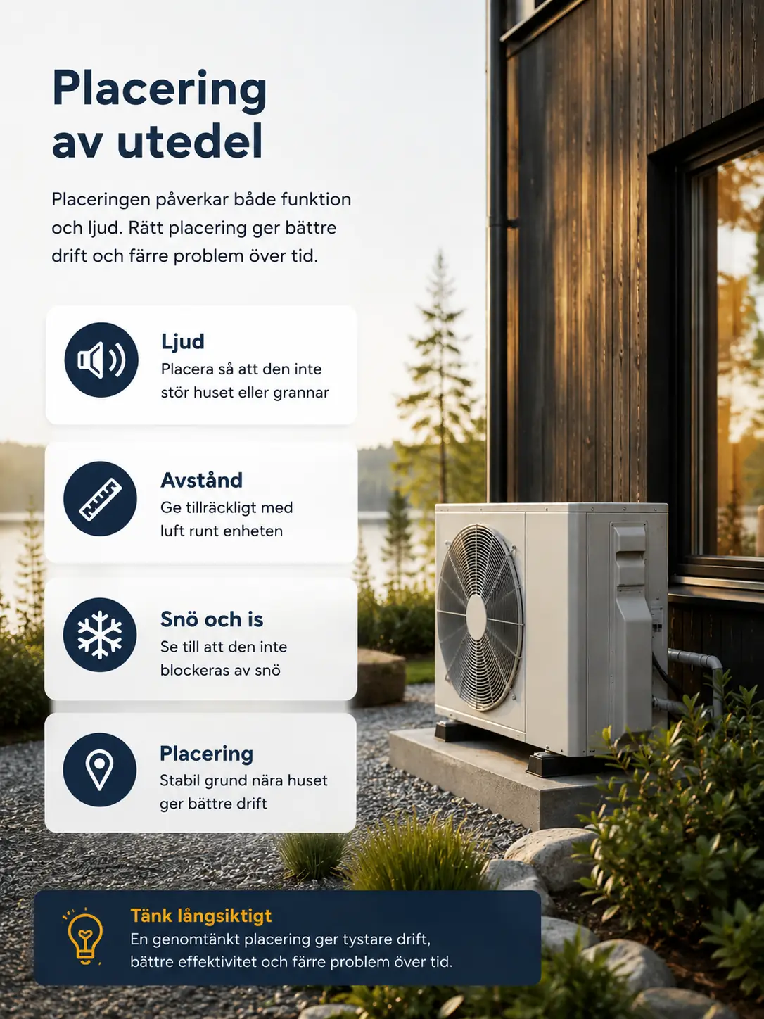 Luft‑vattenvärmepump installerad vid husfasad med korrekt avstånd och stabil placering på markfundament