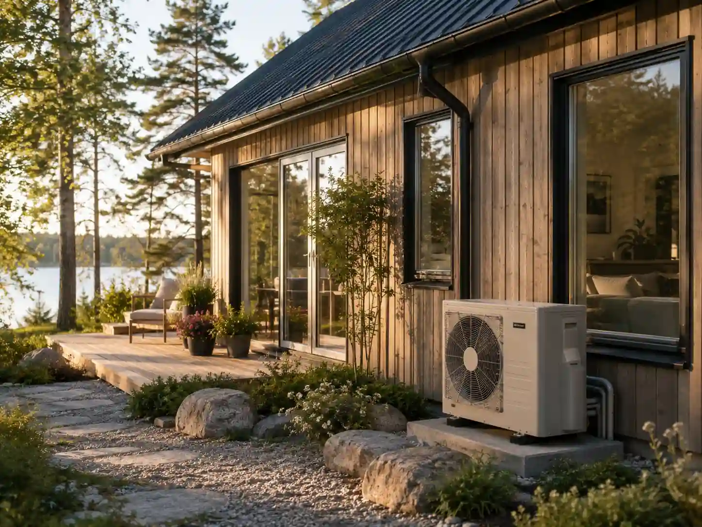 Villa med luft-vattenvärmepump installerad i sommar landskap