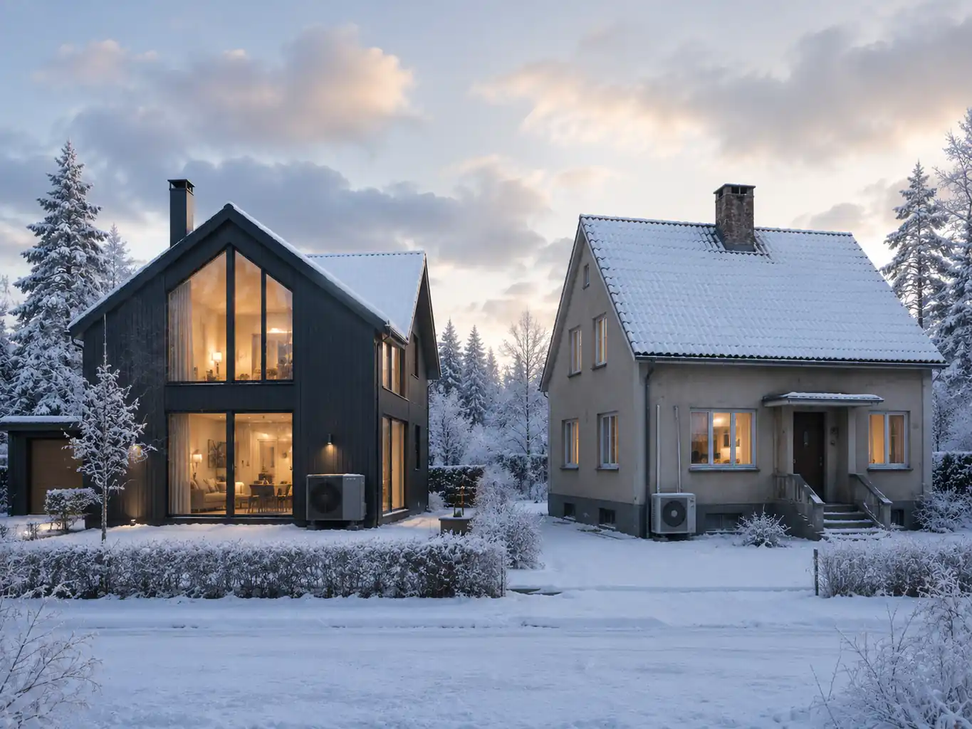 Två villor i vintermiljö som visar skillnader i husets förutsättningar och uppvärmningsbehov