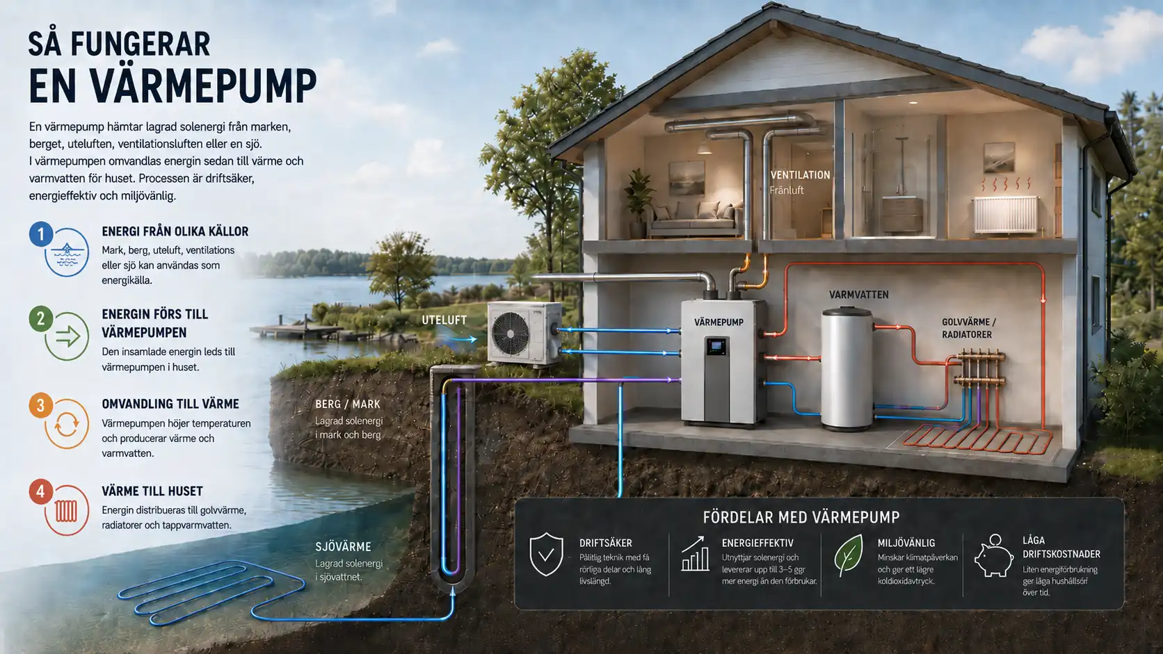 Illustration av hur en värmepump fungerar med energi från berg, mark, luft, sjö och ventilation som omvandlas till värme och varmvatten i huset