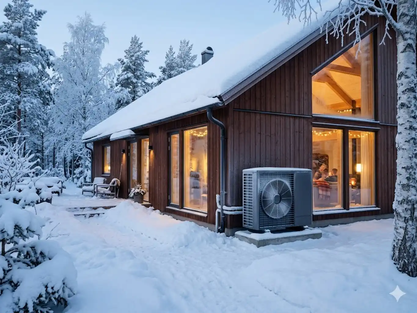 Villa i vinterlandskap med en luft-vattenvärmepump som uppvärmning