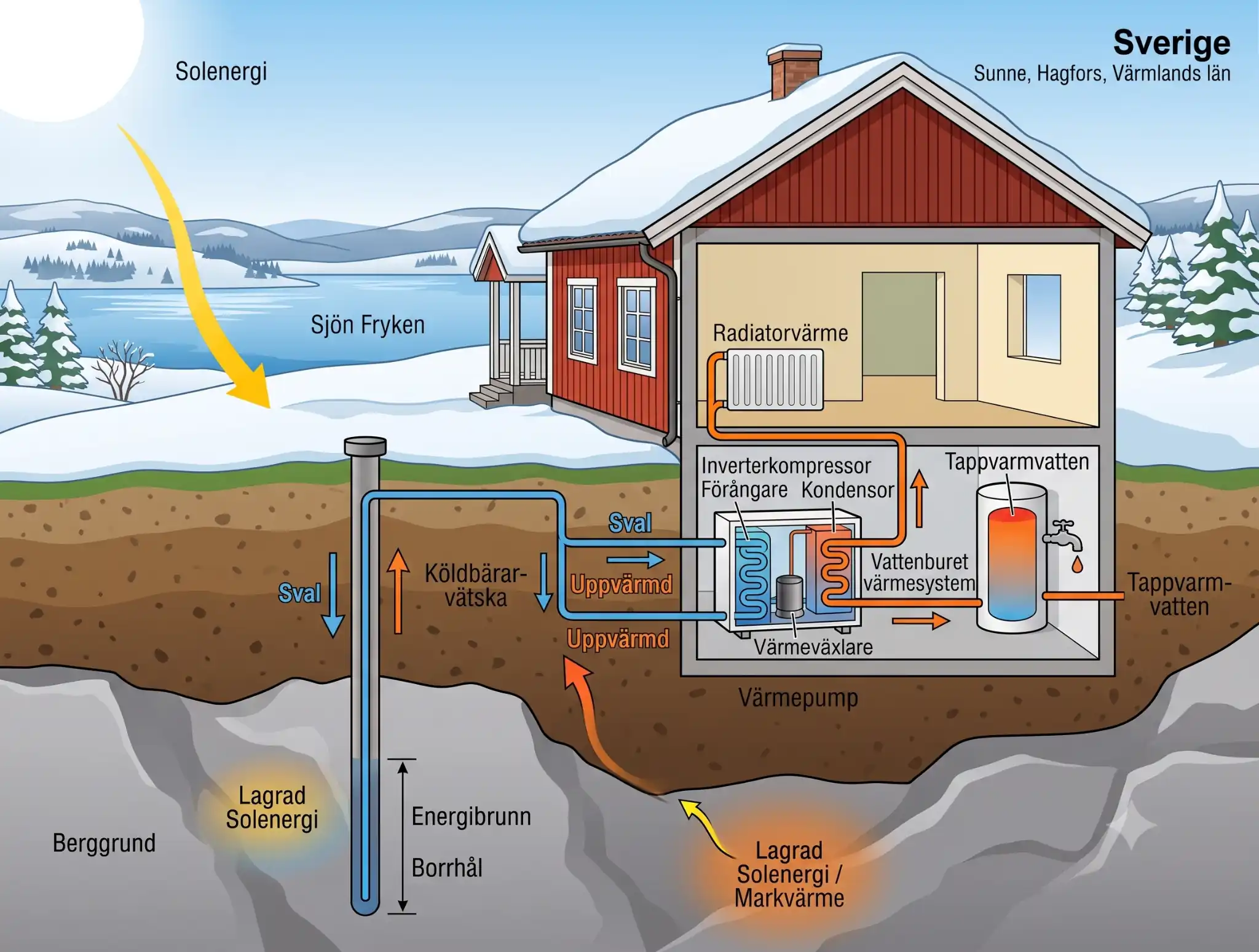Illustration som visar hur en bergvärmepump hämtar lagrad energi från borrhålet i berggrunden till husets vattenburna värmesystem.