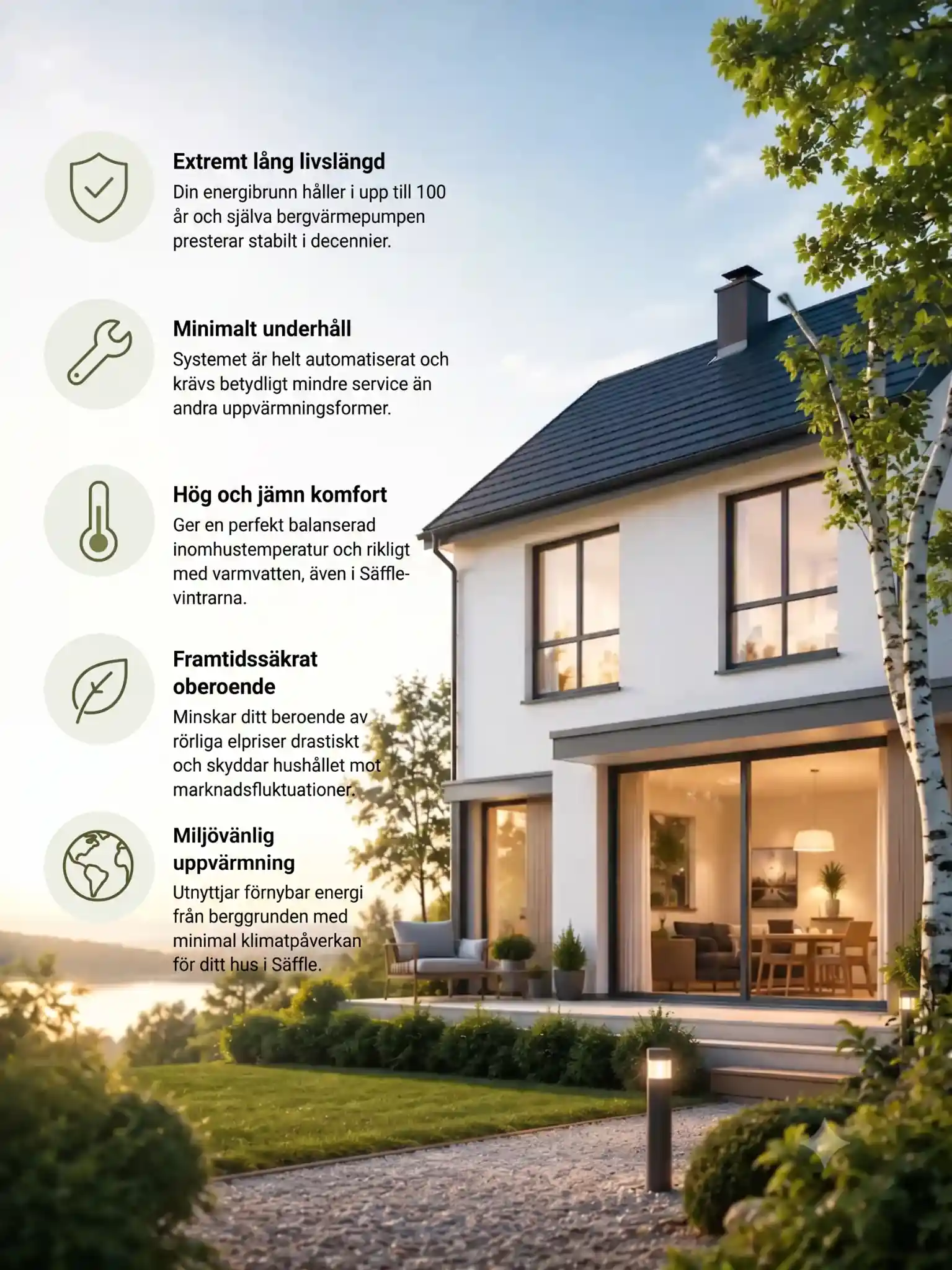 Illustration som visar fem fördelar med bergvärme för en villa i Säffle, bland annat lång livslängd, minimalt underhåll, hög komfort, lägre energikostnader och miljövänlig uppvärmning.