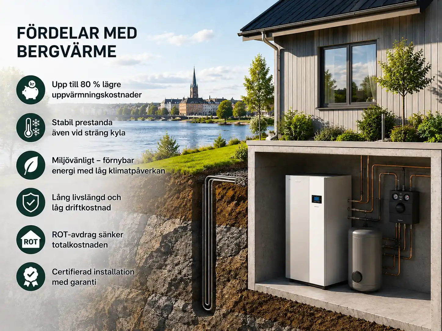 Infografik som visar de viktigaste fördelarna med bergvärme samt en genomskärning av en bergvärmeinstallation med energibrunn och värmepump.