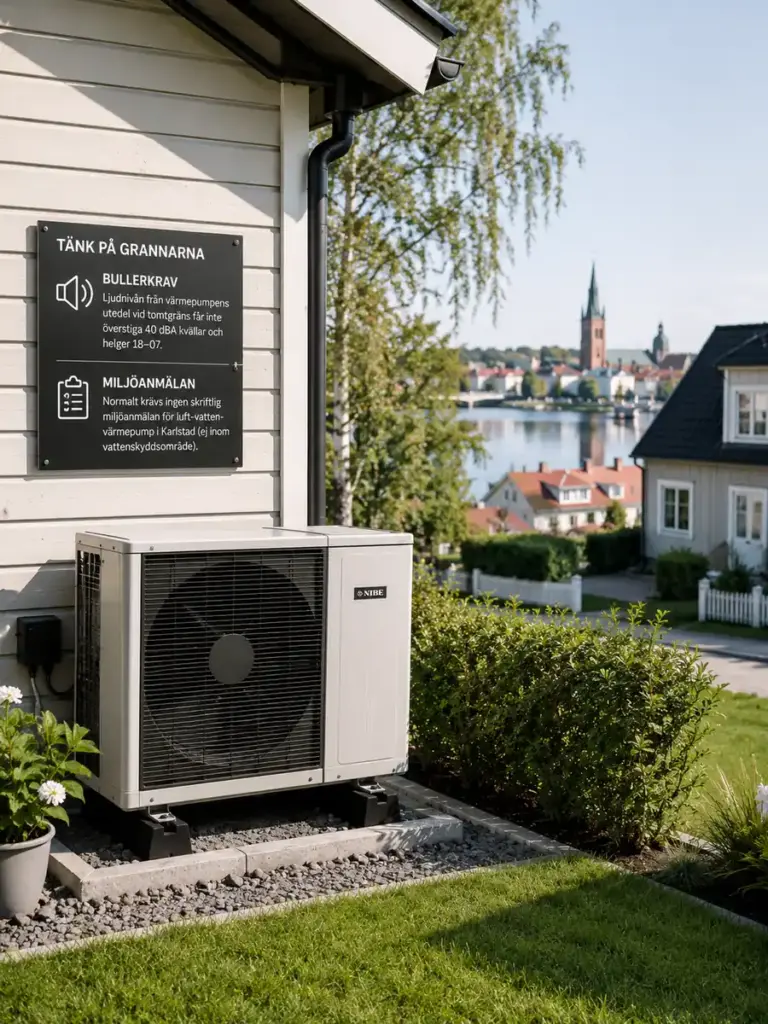 En tyst luft-vattenvärmepump installerad vid en villa i Karlstad av VVS Proffs. Grafisk text i bilden informerar om lokala bullerkrav, miljöanmälan och att visa hänsyn till grannarna.